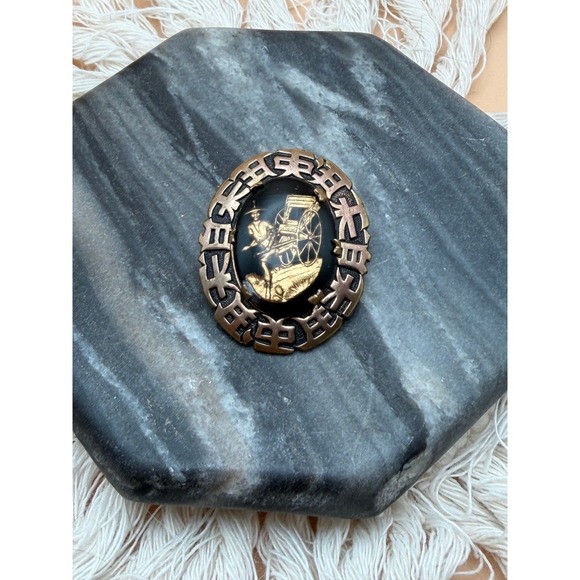 Jewelry - Vintage Damascene Rickshaw Brooch‎ Gold Tone Inlay Japanese Art Deco Pin
